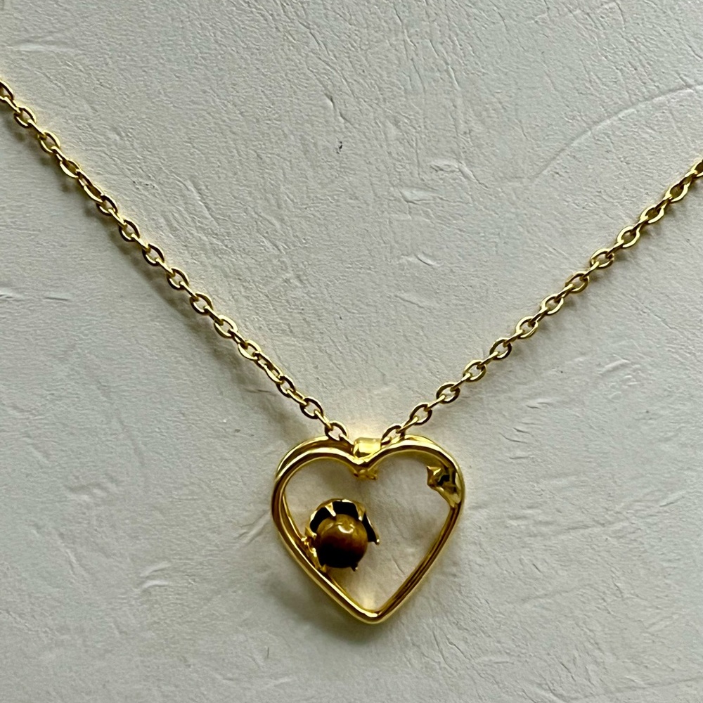 Gold Minimalist Necklace with Delicate Heart Pendant with Tiger Eye Gemstone